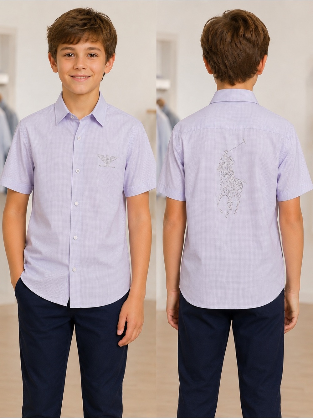 Zohar Boys Size 8 Rhinestone Polo Rider Short Sleeve Shirt Made in France